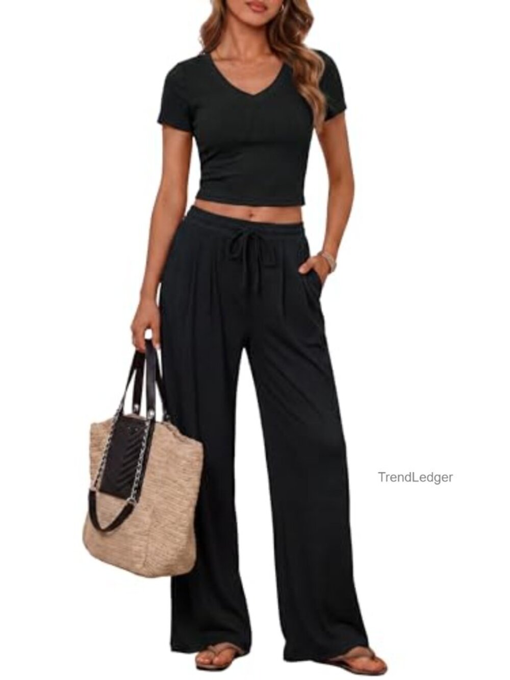 2 Piece Lounge Set V Neck Top Wide Leg Pants Travel Outfit
